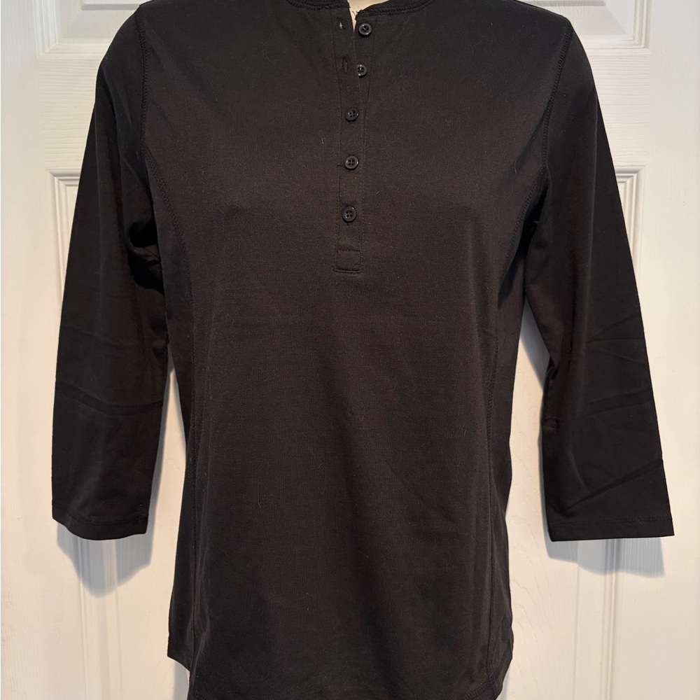 NWT Melrose Chic Black Henley Top Small 3/4 Sleeve Stretch Casual‎ Minimalist